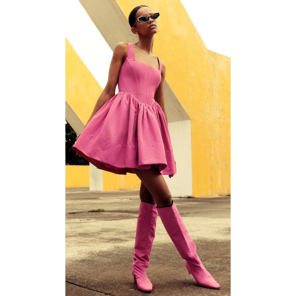 STAUD Landscape Mini Dress 10 Pink Corset Fit Flare Summer Wedding Guest
